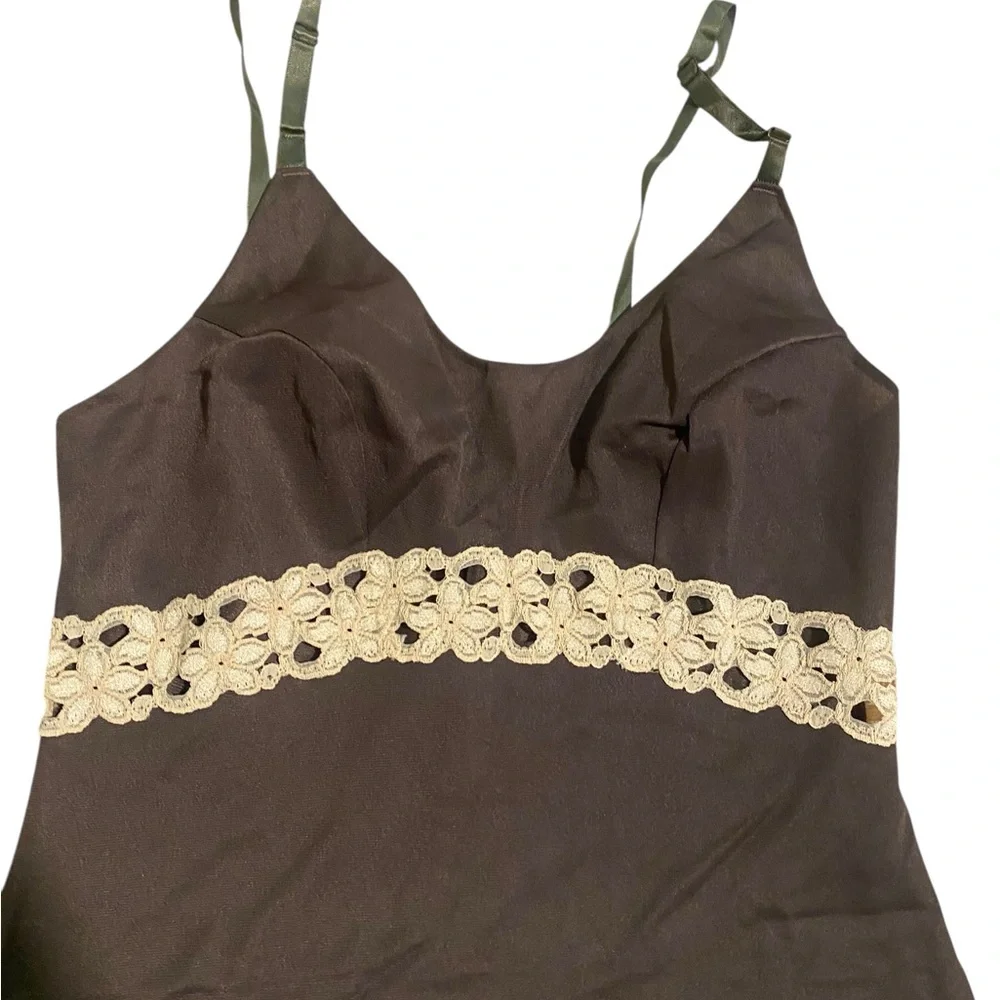 Vintage Coffee Brown Slip Dress with Cream Lace Trim Size Small - Picture 2 of 4